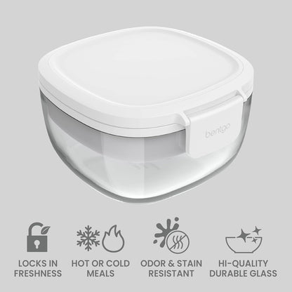 Bentgo Glass Prints Salad Container - 7.6-Cup Tinted Glass Salad Bowl with Airtight Lid, Leak-Proof Sauce Container, 4-Compartment Bento Meal Prep Tray & Reusable Fork (Floral Maximalist - Sea)