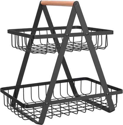 mahueeol 2 Tier Countertop Fruit Basket,Portable Fruit Bowle for Kitchen Organizer Storage & Dining Room Fruits Vegetable Bread Snacks, Detachable Metal Rectangle Basket Storage