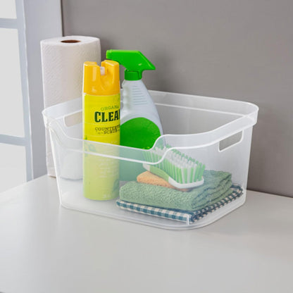 Sterilite 7 x 11 x 14.25 Inch Polished Open Scoop Front Storage Bin with Comfortable Carry Through Handles for Household Organization, Clear