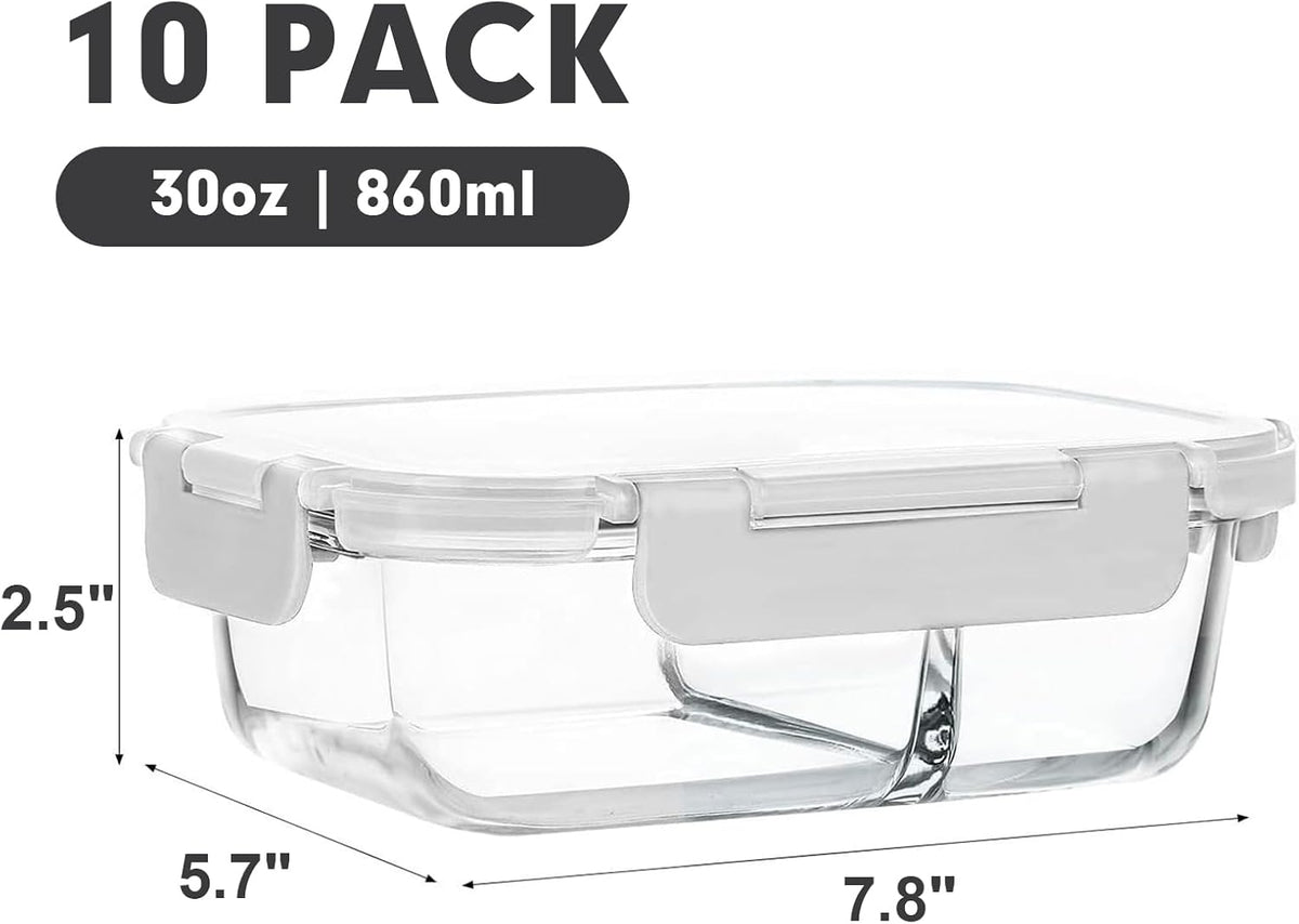 M MCIRCO 10-Pack,30 Oz Glass Meal Prep Containers 2 Compartments Airtight Lunch Bento Boxes with Lids, Glass Food Storage Containers, Microwave, Oven, Freezer, Dishwasher