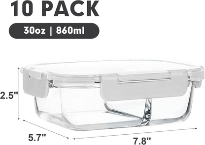 M MCIRCO 10-Pack,30 Oz Glass Meal Prep Containers 2 Compartments Airtight Lunch Bento Boxes with Lids, Glass Food Storage Containers, Microwave, Oven, Freezer, Dishwasher
