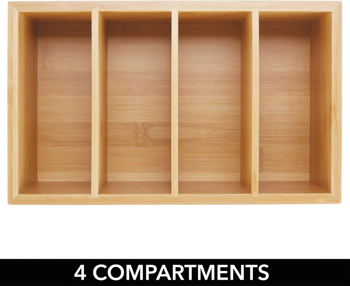 mDesign Bamboo Wood Compact Food Storage Organizer Bin Box - 4 Divided Sections - Holder for Seasoning Packets, Pouches, Soups, Spices, Snacks - Natural