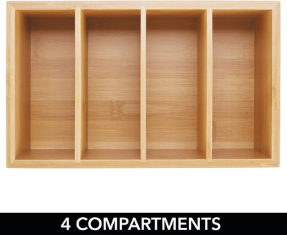 mDesign Bamboo Wood Compact Food Storage Organizer Bin Box - 4 Divided Sections - Holder for Seasoning Packets, Pouches, Soups, Spices, Snacks - Natural