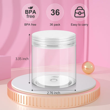 Loretoy 36 Pack 2 OZ Plastic Jars with Lids, BPA Free, Reusable, Refillable Transparent Cosmetic Containers for Bath Salts, Cosmetics, Powders, Beauty Product and Small Accessories