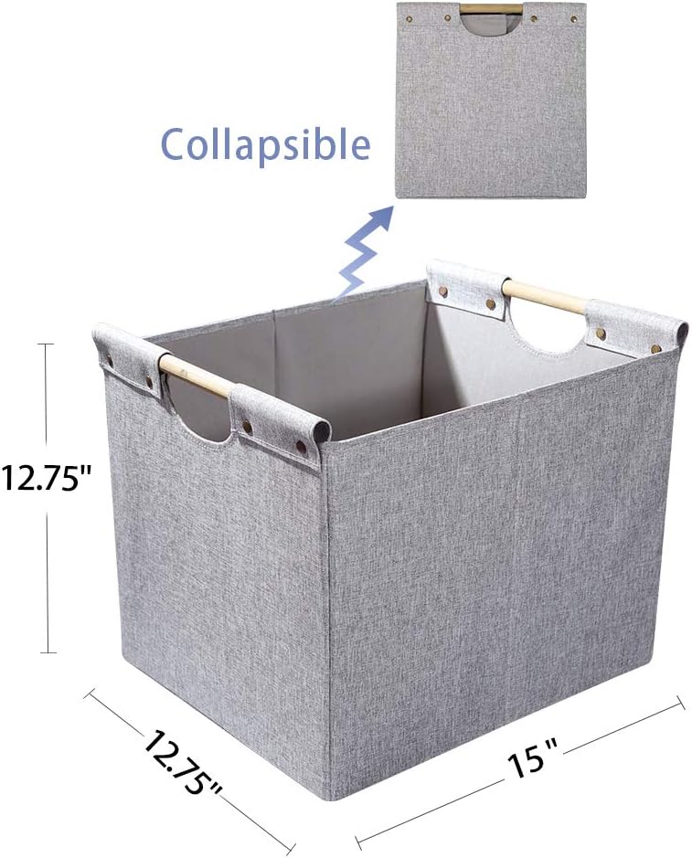 HOONEX Large Collapsible Storage Bins, Linen Fabric, Pack of 2, Storage Baskets with Wooden Carry Handles and Sturdy Heavy Cardboard, for Home, Office, Car, Nursery, Black