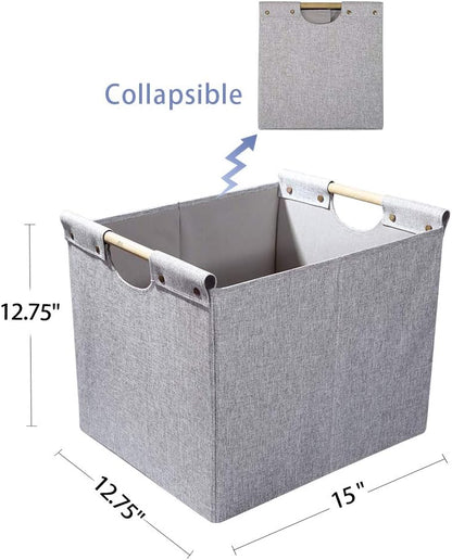 HOONEX Large Collapsible Storage Bins, Linen Fabric, Pack of 2, Storage Baskets with Wooden Carry Handles and Sturdy Heavy Cardboard, for Home, Office, Car, Nursery, Black