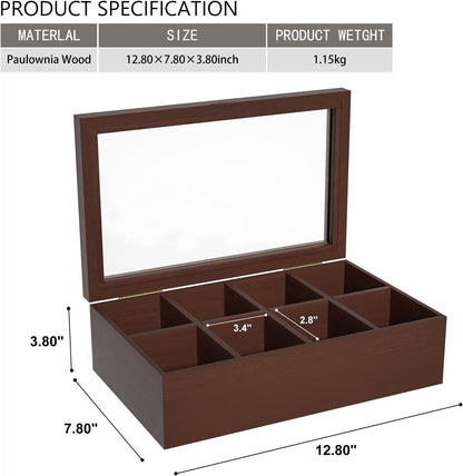 Alsonerbay Wooden Tea Box Tea Bag Holder Kitchen Storage Chest Box for Spice Pouches and Sugar Packets with 8 Compartments and Glass Window Weathered Black