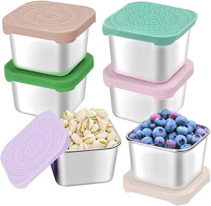 HTEVW 6Pack 6oz Stainless Steel Snack Containers for Kids, Easy Open Leak Proof Metal Toddler Snack Containers with Silicone Lids, Stackable Metal Toddler Lunch Box for Daycare, School and Travel