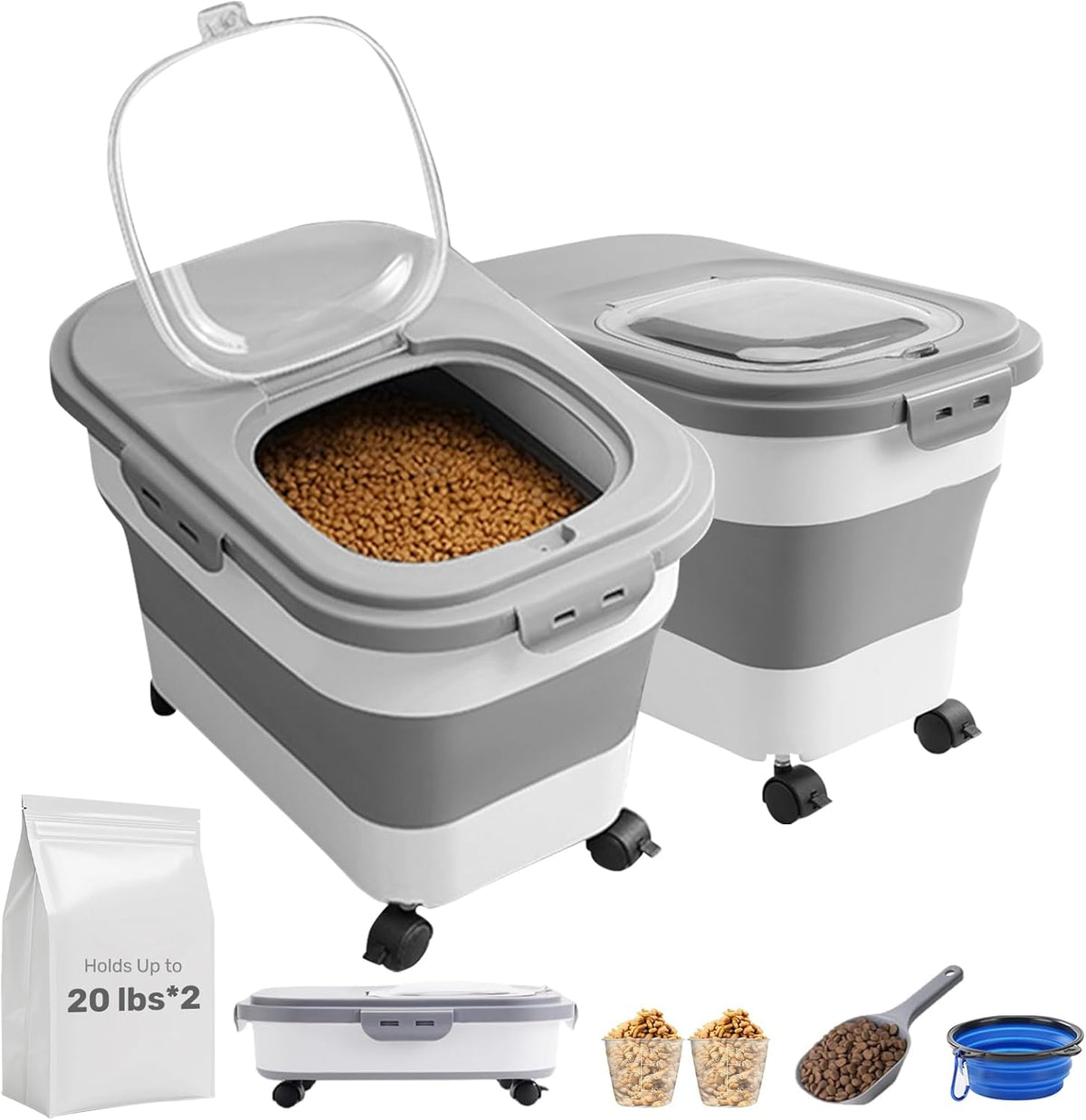 SEWIU Dog Food Storage Container Up to 2pack*20LB,Collapsible Dog Food Container with Travel Silicone Bowl and Scoop for Dog/Cat/Bird Food/Cat litter,Keep Dry Food Fresh,Easy to Move.