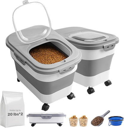 SEWIU Dog Food Storage Container Up to 2pack*20LB,Collapsible Dog Food Container with Travel Silicone Bowl and Scoop for Dog/Cat/Bird Food/Cat litter,Keep Dry Food Fresh,Easy to Move.