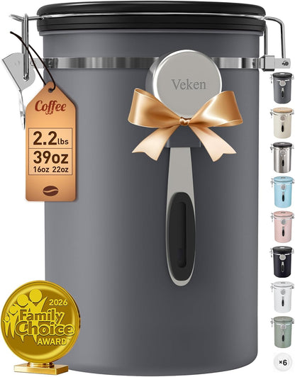 Veken Coffee Canister, 39OZ Large, Mothers Day Gifts For Women, Airtight Stainless Steel Food Storage Container for 2.2lbs Coffee Beans, Ground, Sugar, Tea, Flour, Cereal,Kitchen Bar Accessories,Cream