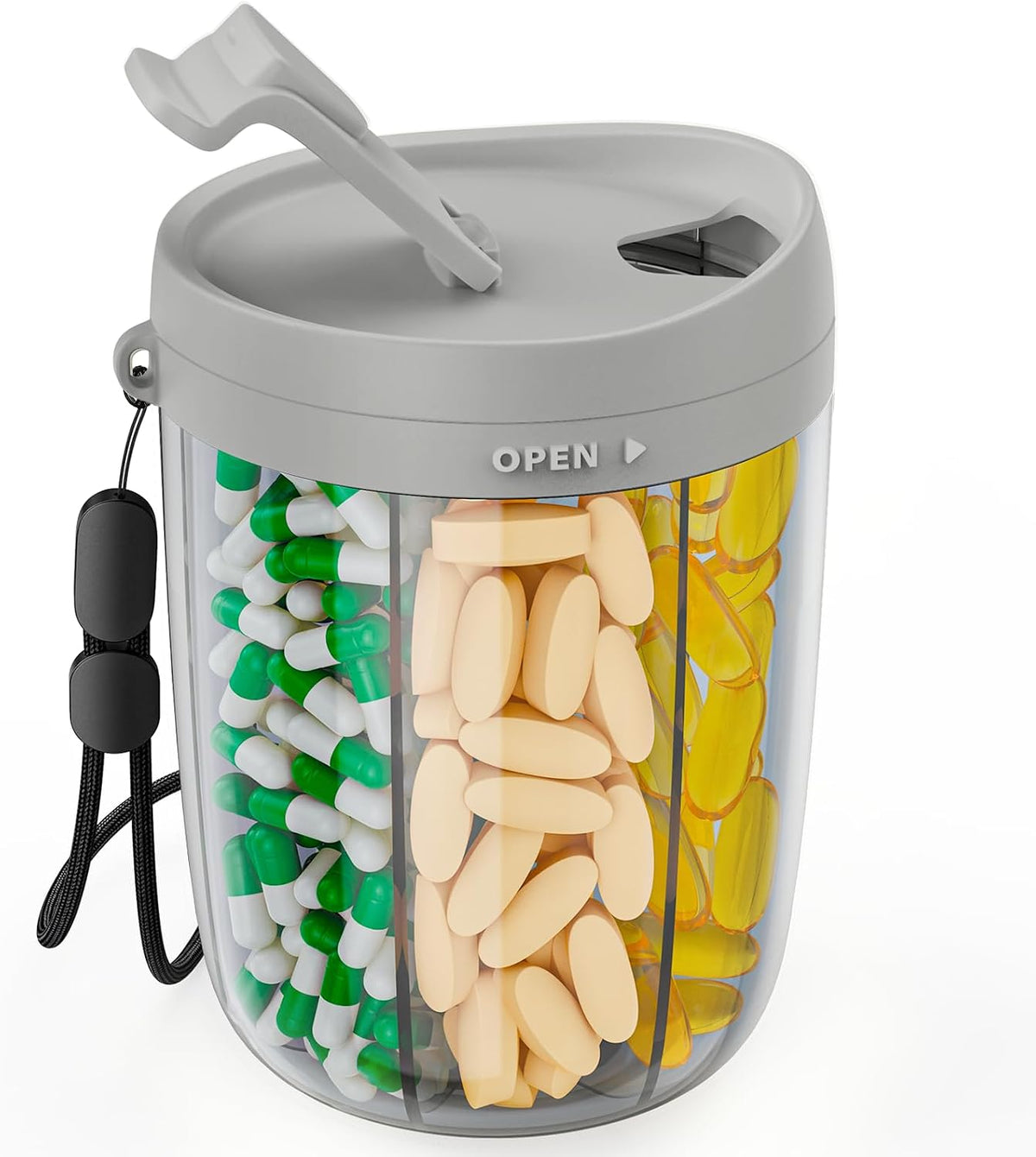 PULIV Large Pill Bottle Organizer for Holding 6 Various Vitamins without Filling Hassle, Supplement Organizer for Travel, Anti-Mixing Pill Box Case with Wide Opening for Easy Pill Retrieval, 20 Labels