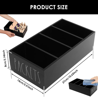 Wooden Seasoning Packet Organizer with 4 Compartments,10.63×5.51×3.15 inch Food Packet Storage Organizer Spice Holder with Dividers, Seasoning Storage Bins for Kitchen Pantry Cabinet Countertop(Black)