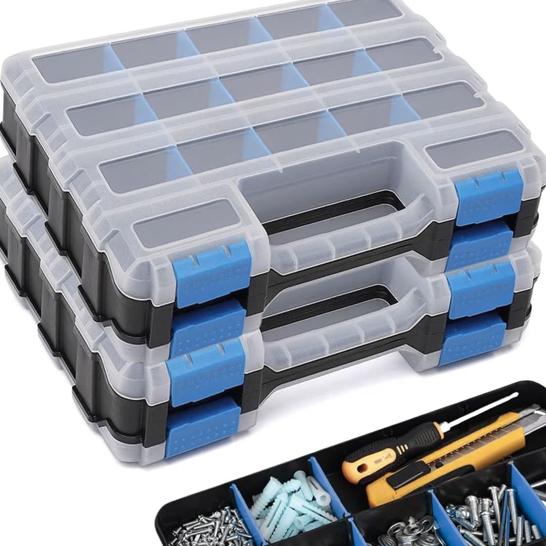Andalus Tools Organizer Box, Small Parts Storage 34-Compartment Double-Sided Portable Hardware Organizer Removable Plastic Dividers for Screws, Nuts, Bolts, Nails – Orange (12.5" x 10.5" x 3")