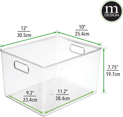 mDesign Plastic Deep Kitchen and Pantry Organizer Storage Bin with Handles for Cabinet, Fridge, Freezer - Food Storage Containers for Snacks, Yogurt Pouches or Fruit, Ligne Collection, 4 Pack, Clear