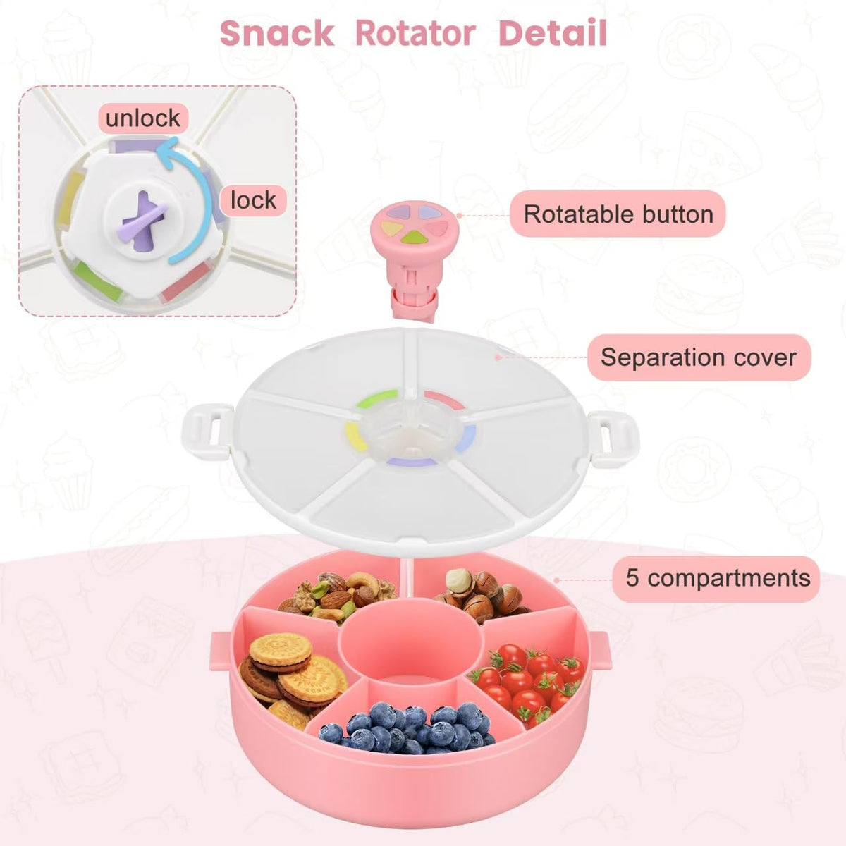 Pawtong Snack Rotator Container Reusable Snack Box with 5 Compartment Dispenser and Lid, Color Matching Opening Lid, BPA and PVC Free, for Home, School, Travel (Purple)