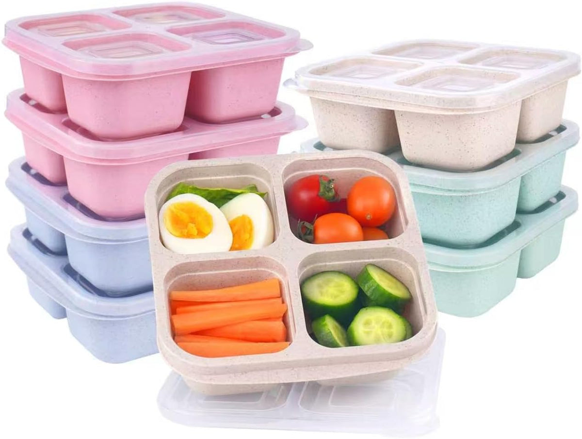 4 Pack Snack Containers, 4 Compartments Bento Snack Box, Reusable Meal Prep Lunch Containers for Kids Adults, Divided Food Storage Containers for School Work Travel