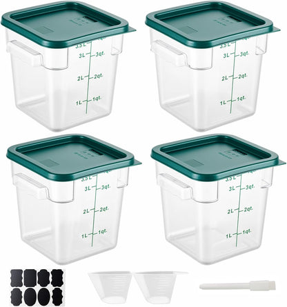 4 Pack 4QT Food Storage Containers with Green Lids, Clear Square Restaurant Commercial Food Storage Containers with Handle and Scale, Marinating Container Dough Rising Bucket for Home & Dining