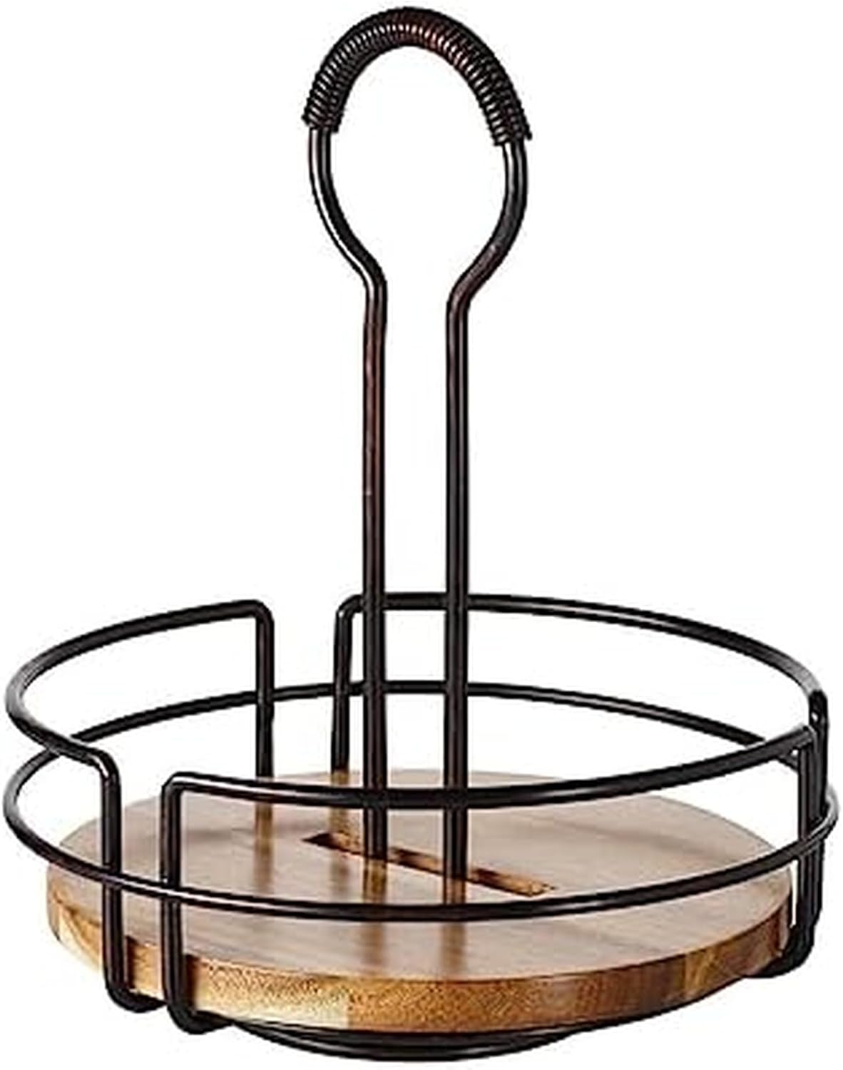 Gourmet Basics by Mikasa Nova Rotating Condiment Caddy, Handcrafted Iron and Acacia Wood Table Organizer with Spinning Platform and Carrying Handle, Contemporary Black Finish, 8.75 x 7 x 9.25 Inches
