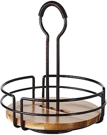 Gourmet Basics by Mikasa Nova Rotating Condiment Caddy, Handcrafted Iron and Acacia Wood Table Organizer with Spinning Platform and Carrying Handle, Contemporary Black Finish, 8.75 x 7 x 9.25 Inches