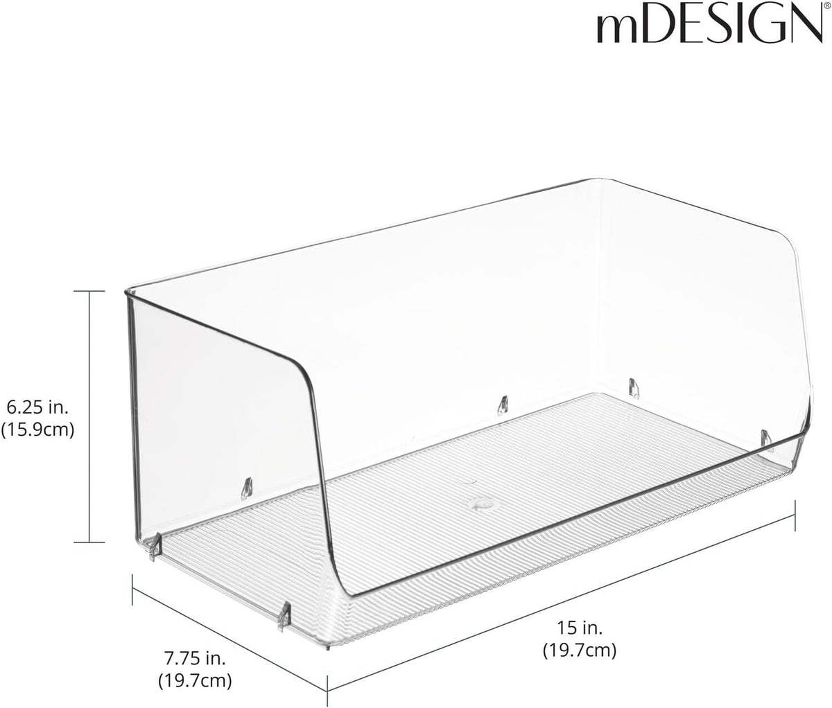 mDesign Wide Stackable Plastic Food Storage Organizer Bin Basket with Open Front for Household Kitchen Cabinets, Pantry, Offices, Closets, Bedrooms, Bathrooms - 10.2" Wide, 2 Pack - Clear