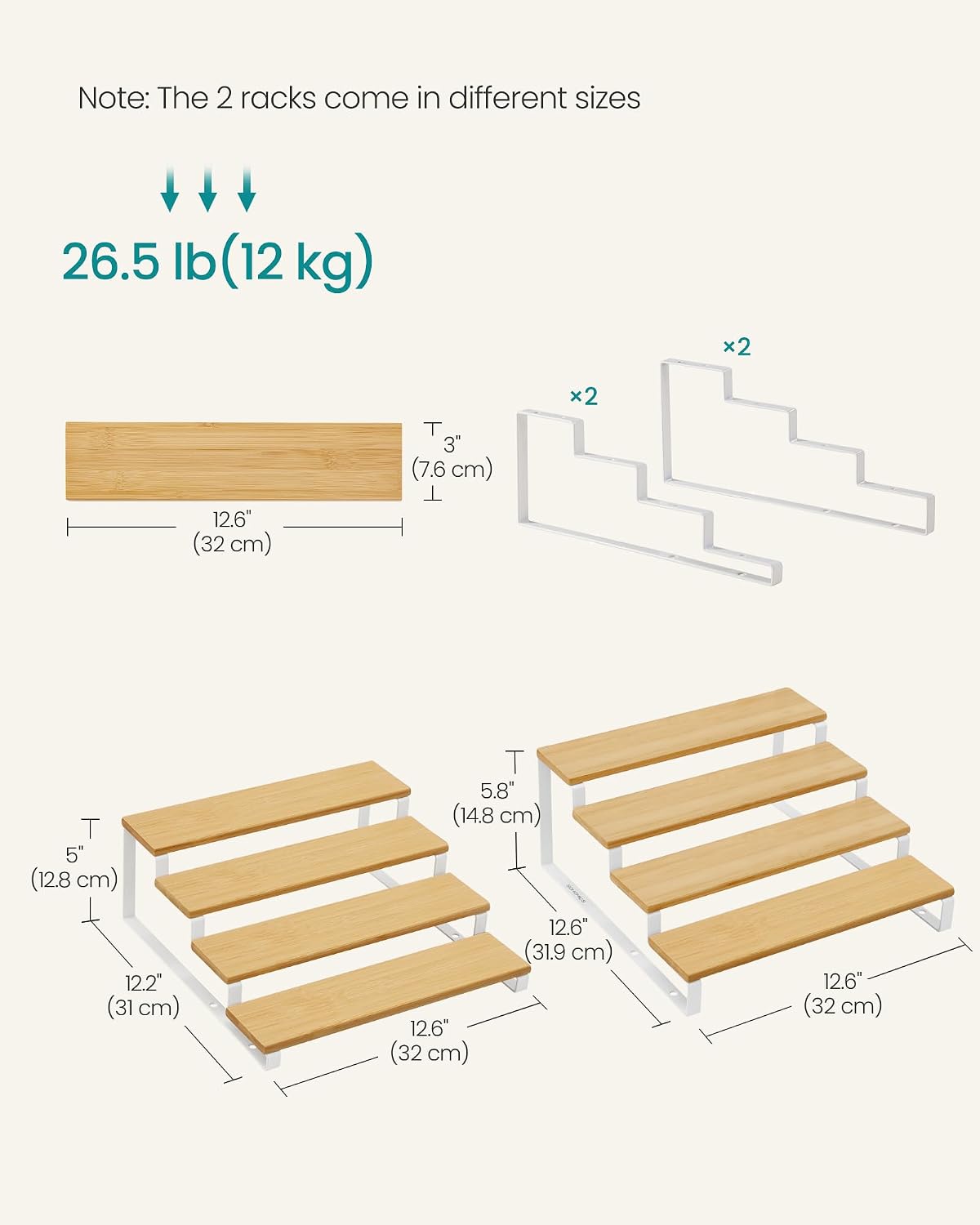 SONGMICS Display Risers, Set of 2 Engineered Wood Perfume Organizer Stand, 4-Tier Cupcake Stand Holder, Spice Rack, Shelf Risers for Figures, Dessert Shelves, Natural Beige and Cloud White UKCS216N02
