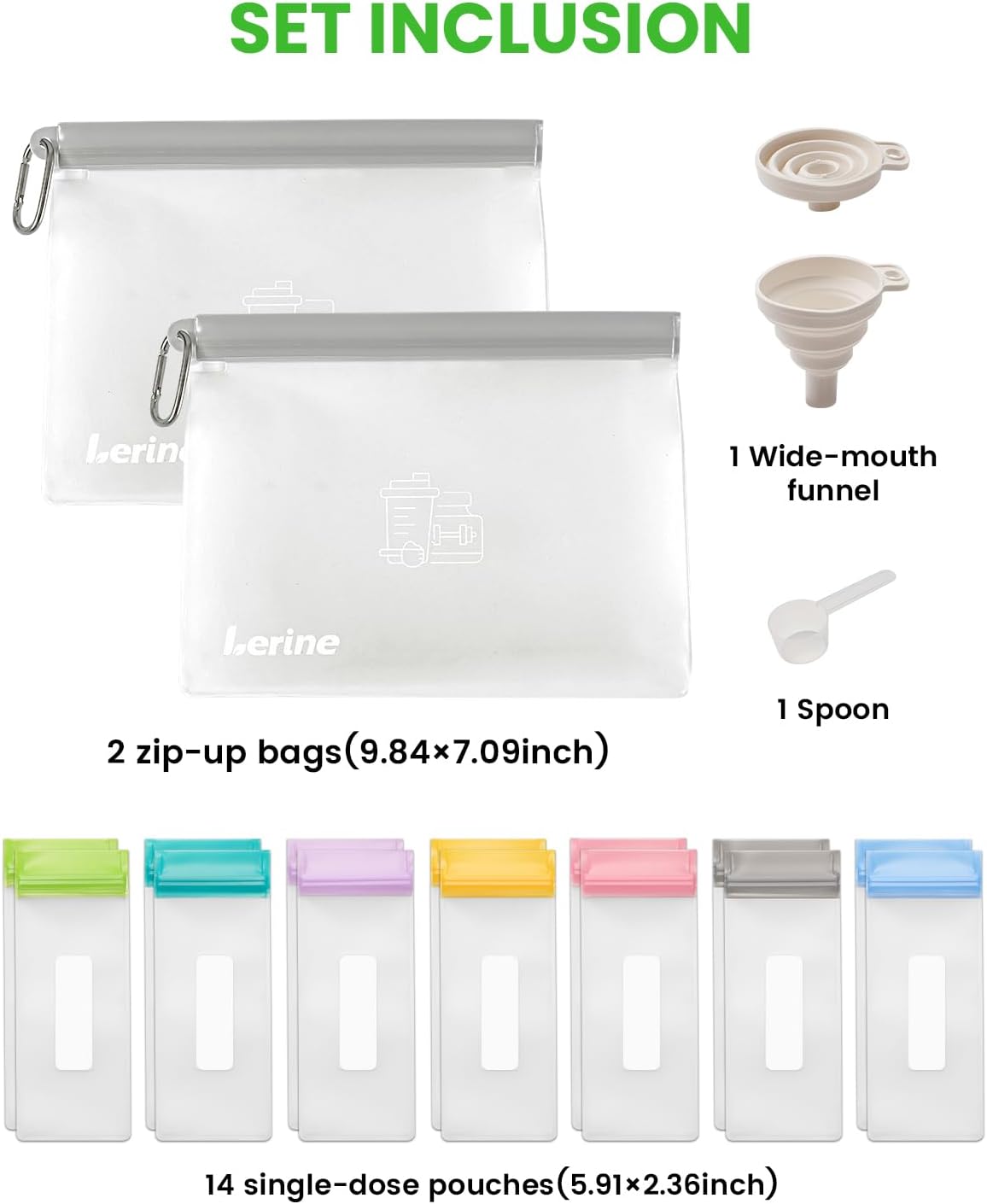 Lerine Protein Powder Travel Container Set, Reusable Protein Powder Container To Go, 21Pcs Single Dose Bags & 3Pcs Large Zip Bags, Portable Supplement Storage Containers with Funnel, Spoon