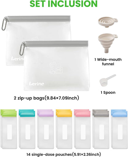Lerine Protein Powder Travel Container Set, Reusable Protein Powder Container To Go, 21Pcs Single Dose Bags & 3Pcs Large Zip Bags, Portable Supplement Storage Containers with Funnel, Spoon