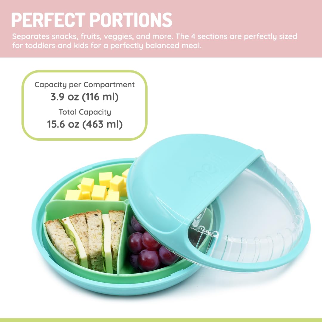 melii Spin Snack Container | 3-Compartment Rotating Snack Box with Sliding Window, BPA-Free, Dishwasher Safe, Portable Snack Container for Kids Ages 3+ (Blue)
