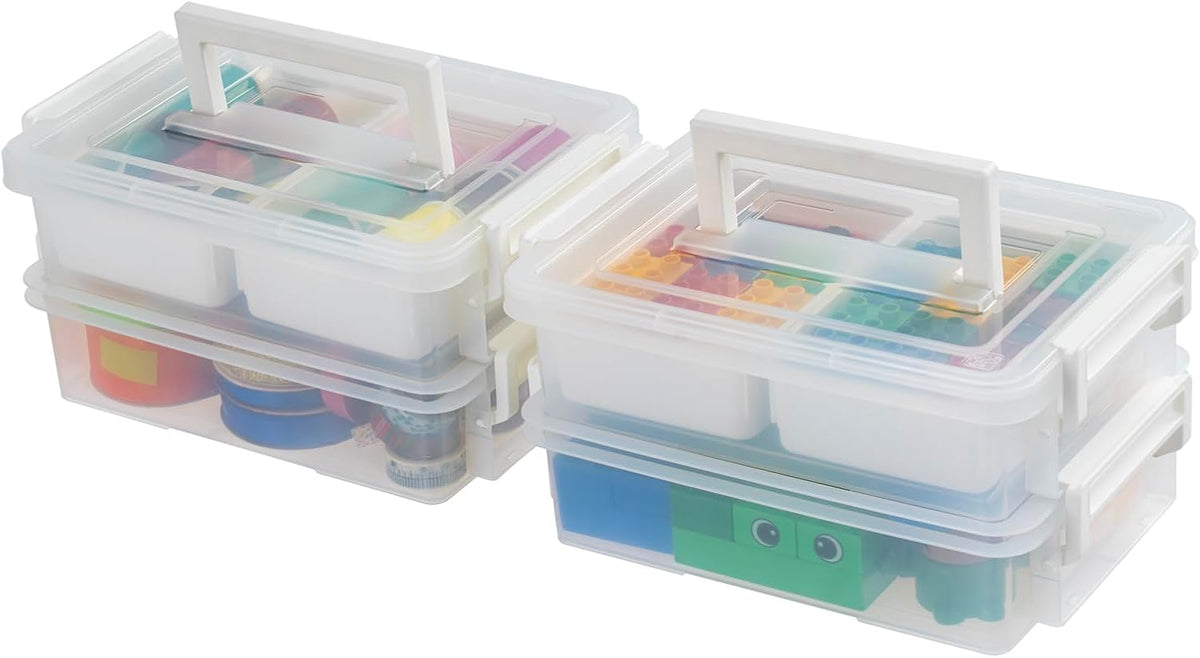 IRIS USA 6 Qt. Plastic Craft Storage Container Bins with Lids, Small Art & Office Supply Organizer Tote, Sensory Bins & Boxes for Home & University, Stackable, Secure Latch Buckles, Clear
