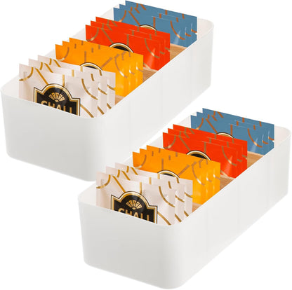 2 Pcs Seasoning Packet Organizer, Plastic Food Storage Organizer Box with 3 Detachable Bamboo Wood Dividers Snacks Spice Packets Holder Bin for Kitchen Pantry Cabinet Drawer, White