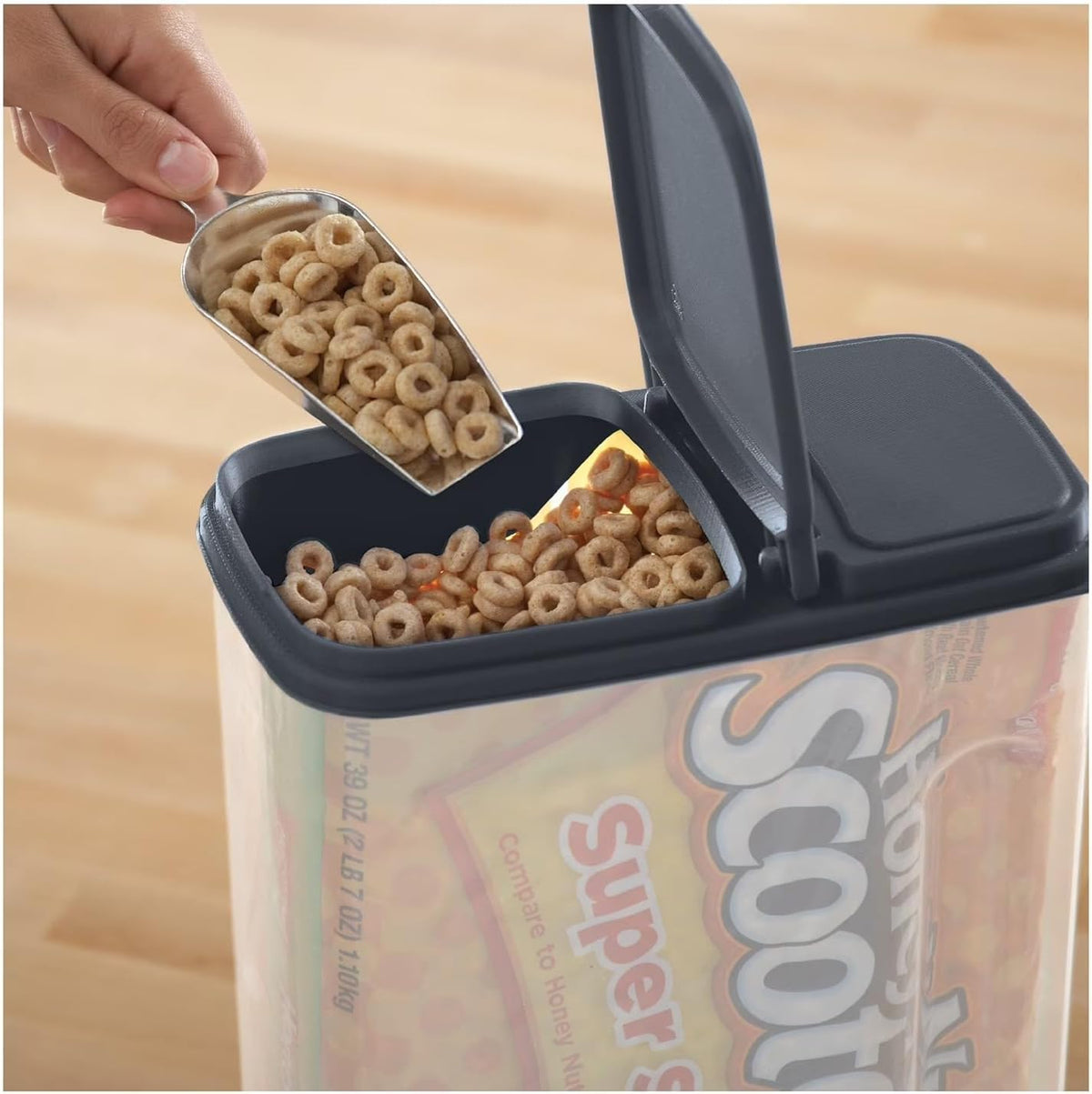 Clear Plastic Cereal Dispenser with Airtight Lid, 32 Cup Dry Food Storage Container, 9.75 x 5.38 x 13.5 Inch, Gray
