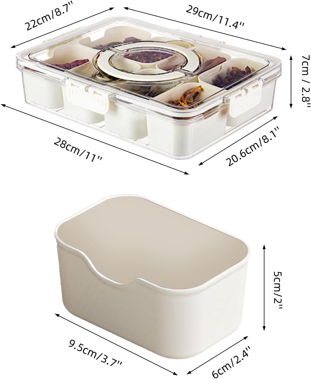 Pure Future Air-Tight Snackle Box Container –Divided Serving Tray with Lid & Handle–Clear Snack box for Fruits, Candy & Nuts–Portable for Travel & Daily Use (8 Inside Containers Dishwasher Safe)