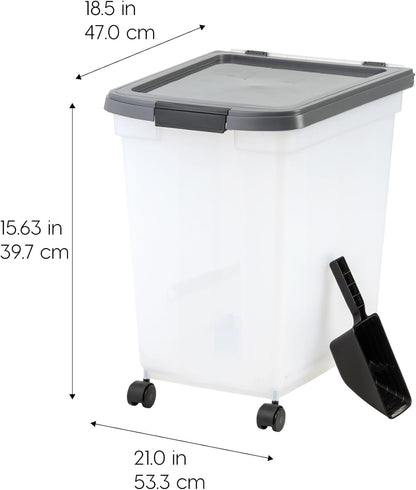 IRIS USA Airtight Dog Food Storage Container, WeatherPro, Up to 50 lbs, Removable Wheels, for Dog Cat Bird and Other Pet Food Storage Bin, Keep Fresh, Translucent Body, Made in USA, Clear/Gray