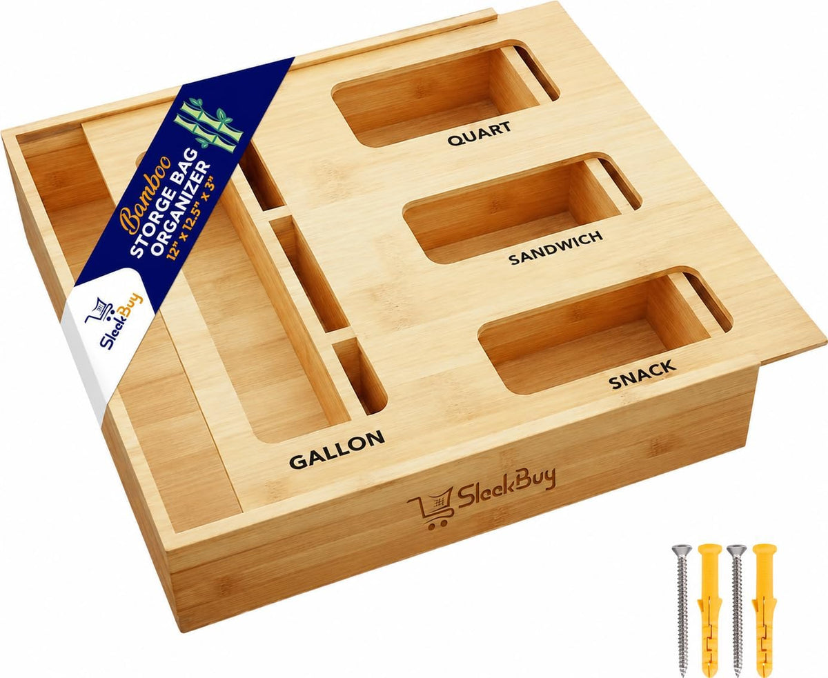 Storage Bag Organizer for Kitchen Drawer, Bamboo Bag Storage with 4 Slots, Plastic Bag Holder with Laser Engraved Labels & Screws, Space-Saving Kitchen Essential for Pantry, Apartment, and Home Use