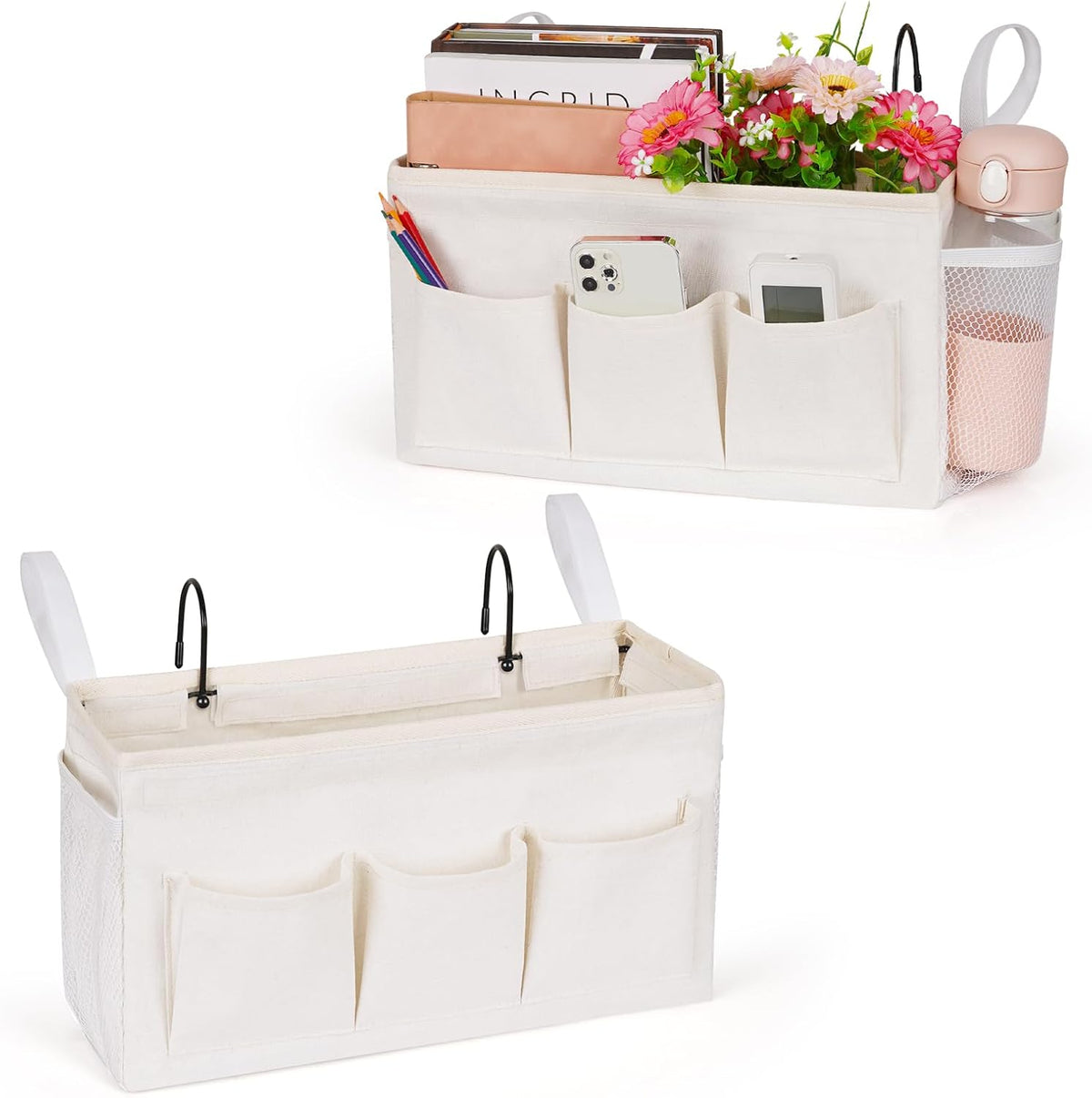Lilithye Bedside Caddy Storage Organizer with Fixed Straps and Water Bottle Holder for Home, College, Dorm, Bunk/Hospital/Crib Bed Rails, White