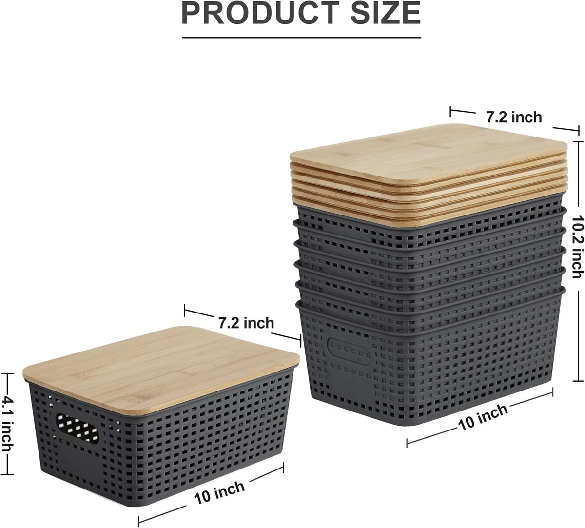 Bagnizer Small Plastic Storage Bins with Bamboo Lids 5.2qt Stackable Box Basket Pantry Decorative Containers Cute with Labels for Organizing Desktop Closet Office Cream White of 10*7.2*4.1"