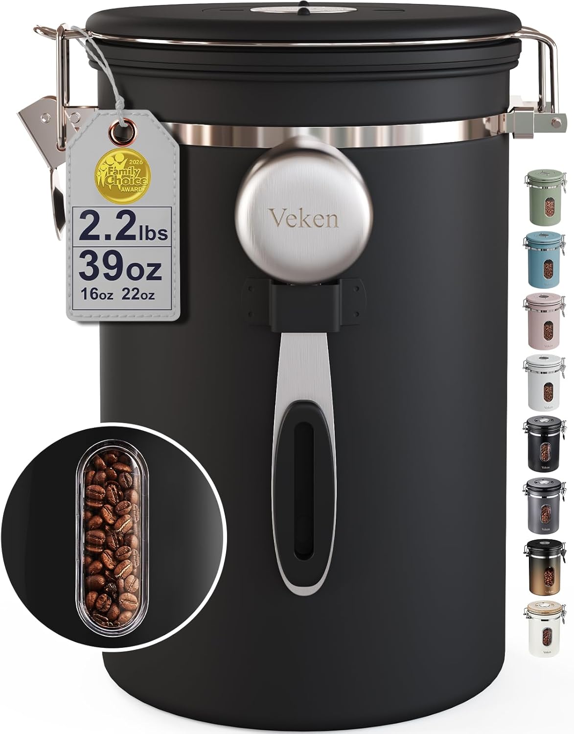 Veken Coffee Canister with Window, Family Choice Awards Winner, Airtight Stainless Steel Home Kitchen Food Storage Container with Lids for Grounds, Beans, Tea, Flour,Cereal,Sugar Jars,Scoop,16OZ,Black