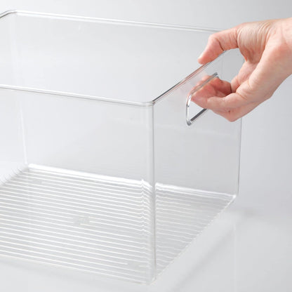 mDesign Plastic Deep Kitchen and Pantry Organizer Storage Bin with Handles for Cabinet, Fridge, Freezer - Food Storage Containers for Snacks, Yogurt Pouches or Fruit, Ligne Collection, 4 Pack, Clear