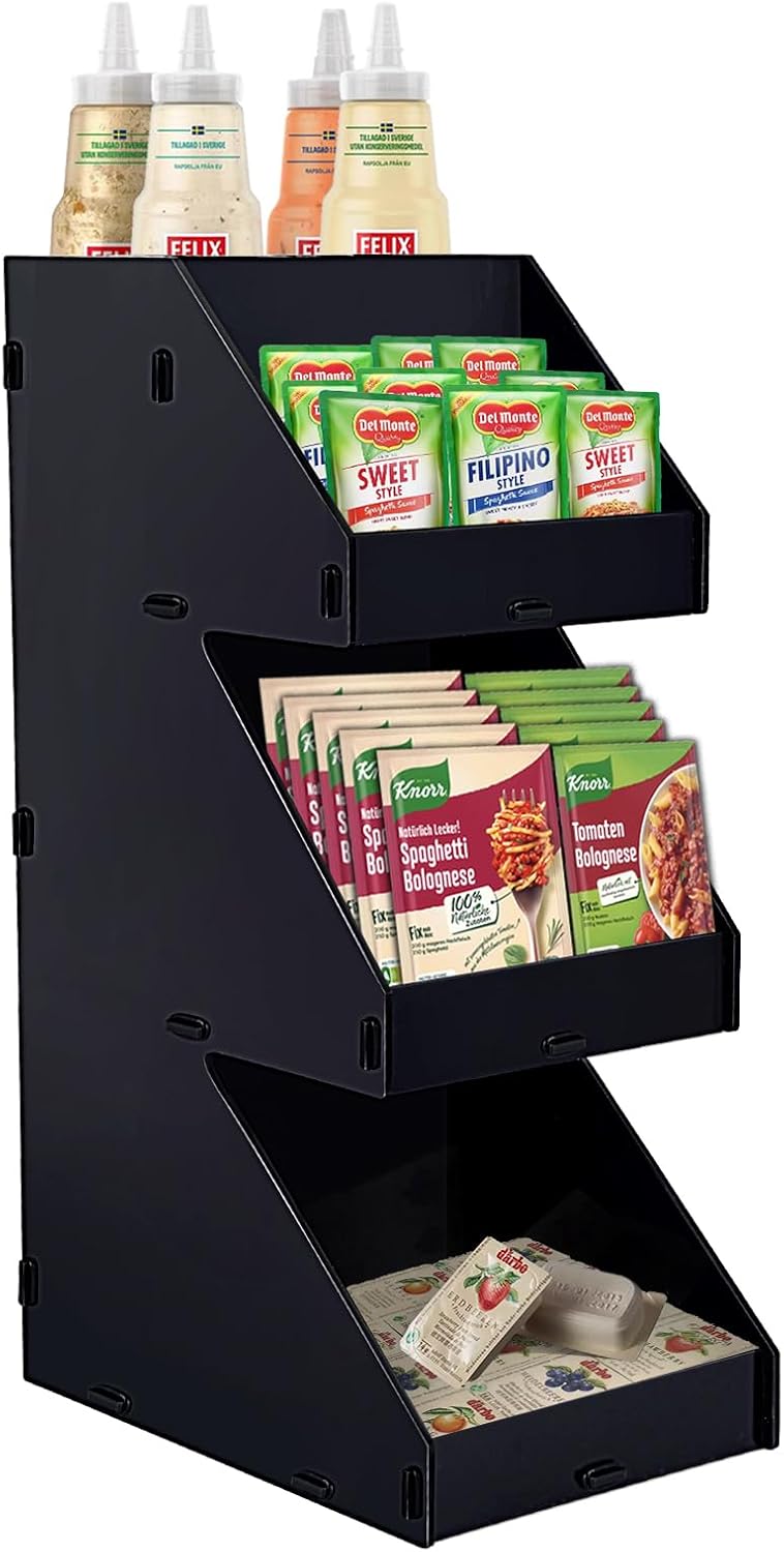 Sauce Packet Organizer, For Organizing Ketchup Packet, Condiment Packets, Sugar Packets, Hot Sauce Pack, 3-Tier Design with Straw Holder, Condiment Organizer for Restaurant, Cafe, Home, Black Acrylic