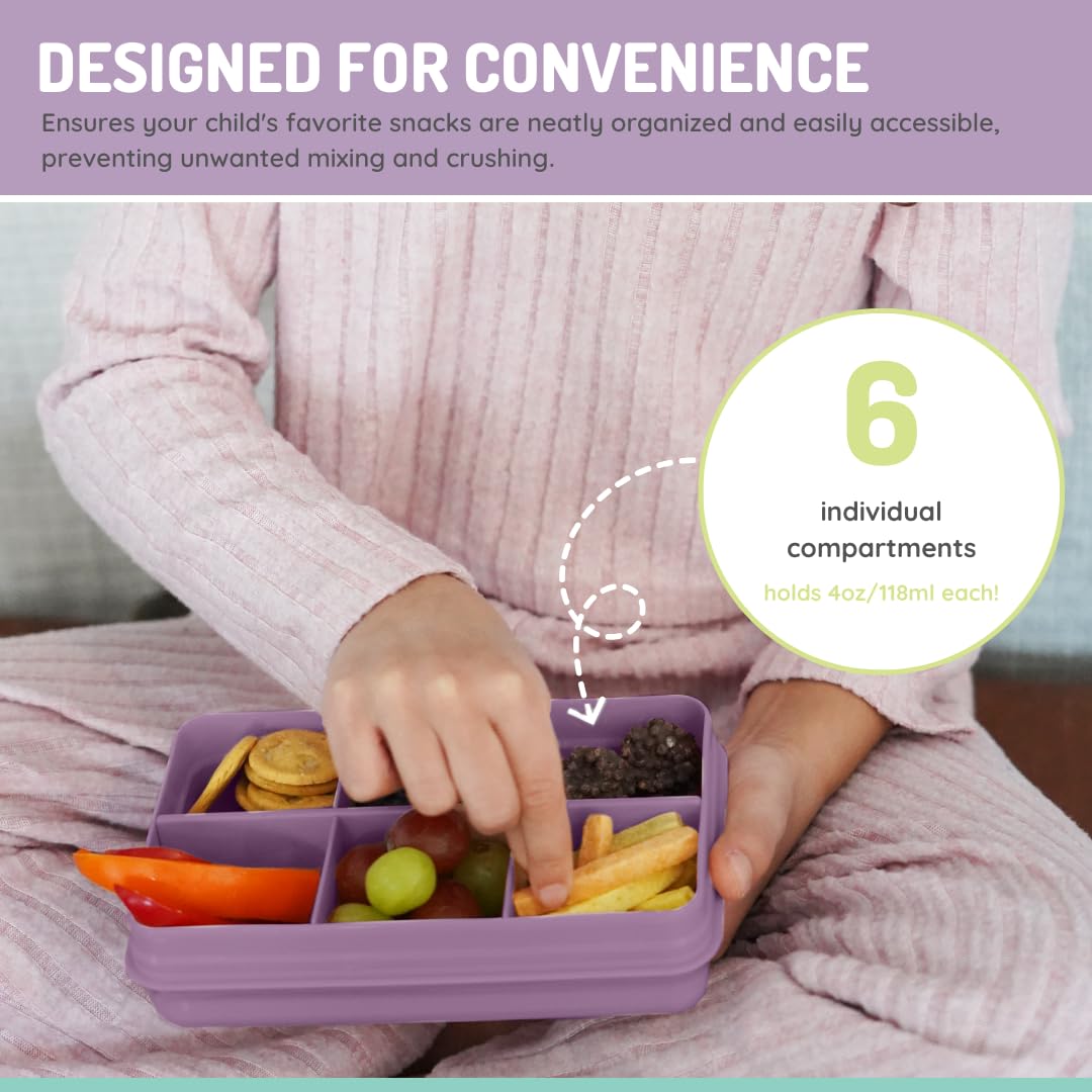 melii Snackle Box | 6-Compartment Divided Snack Container, BPA-Free Food Storage with Removable Dividers for School, Travel & On-the-Go Snacking Purple Cat