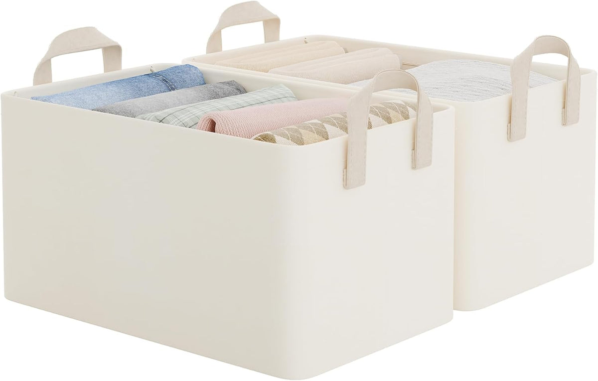 StorageWorks Storage Bins, Shelves Baskets for Organizing, Fabric Closet Organizers with Handles, Metal Frame, Beige-Cotton-linen, 2-Pack