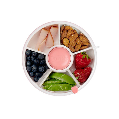 GoBe Kids Small Snack Spinner Slide Bundle with Hand Strap and Sticker Sheet - Reusable Snack Container with 5 Compartment Dispenser and Lid | BPA/PVC Free | Dishwasher Safe | No Spill - Coral Pink