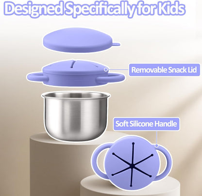 BUSOHA 2 Pack Stainless Steel Toddler Snack Cups - 9 OZ Spill-Proof Baby Snack Containers with Silicone Catcher and Lid Travel Snack Containers for Kids Food Grade Silicone Dishwasher Safe