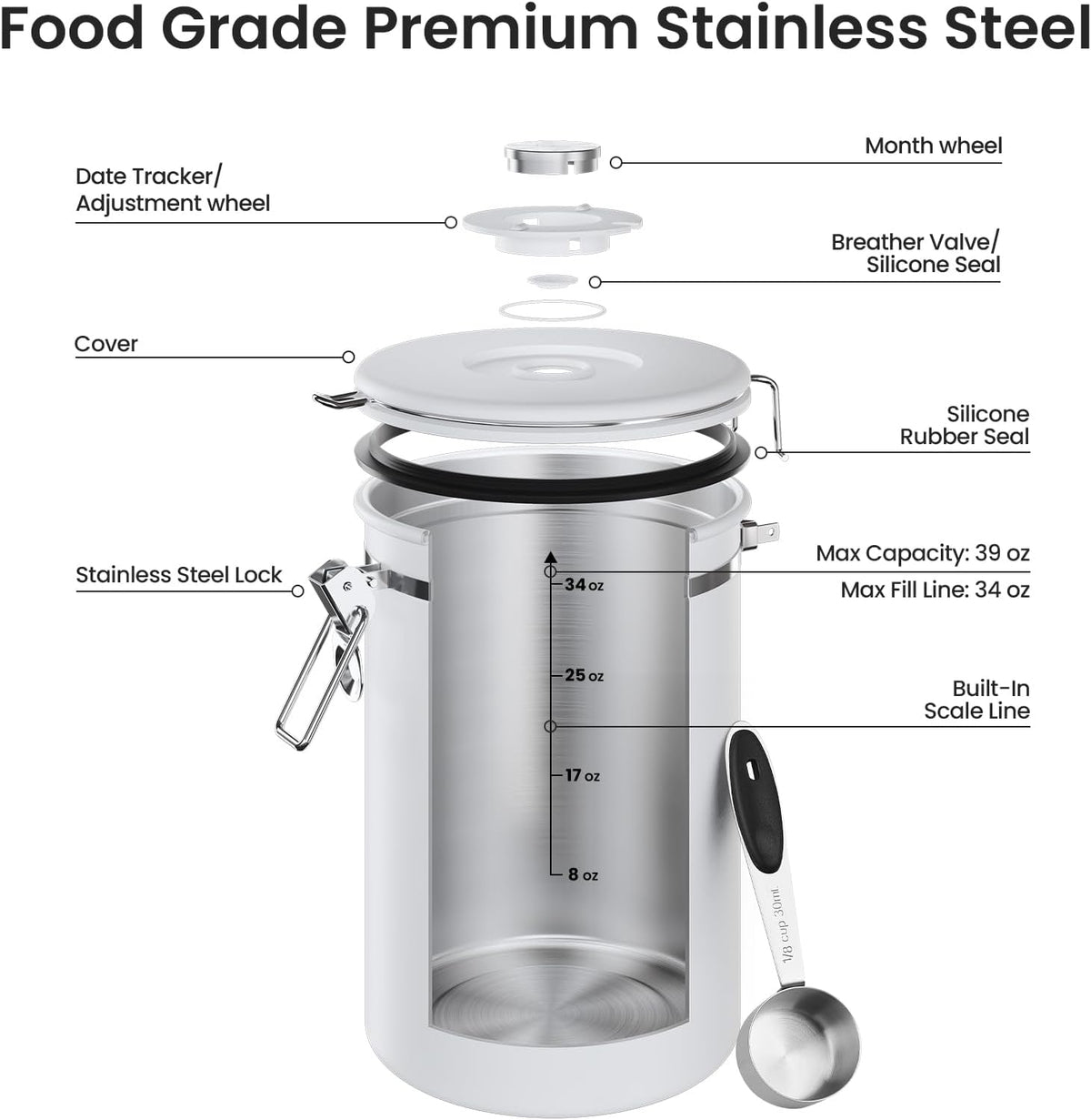 Veken Coffee Canister, 39OZ Large, Mothers Day Gifts For Women, Airtight Stainless Steel Food Storage Container for 2.2lbs Coffee Beans, Ground, Sugar, Tea, Flour, Cereal,Kitchen Bar Accessories,Cream