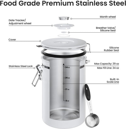 Veken Coffee Canister, 39OZ Large, Mothers Day Gifts For Women, Airtight Stainless Steel Food Storage Container for 2.2lbs Coffee Beans, Ground, Sugar, Tea, Flour, Cereal,Kitchen Bar Accessories,Cream