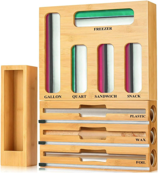 9 in 1 Storage Bag Organizer for Kitchen Drawer,Bamboo Foil and Plastic Wrap Dispenser with Cutter, Organizers Compatible Gallon, Quart, Sandwich Snack
