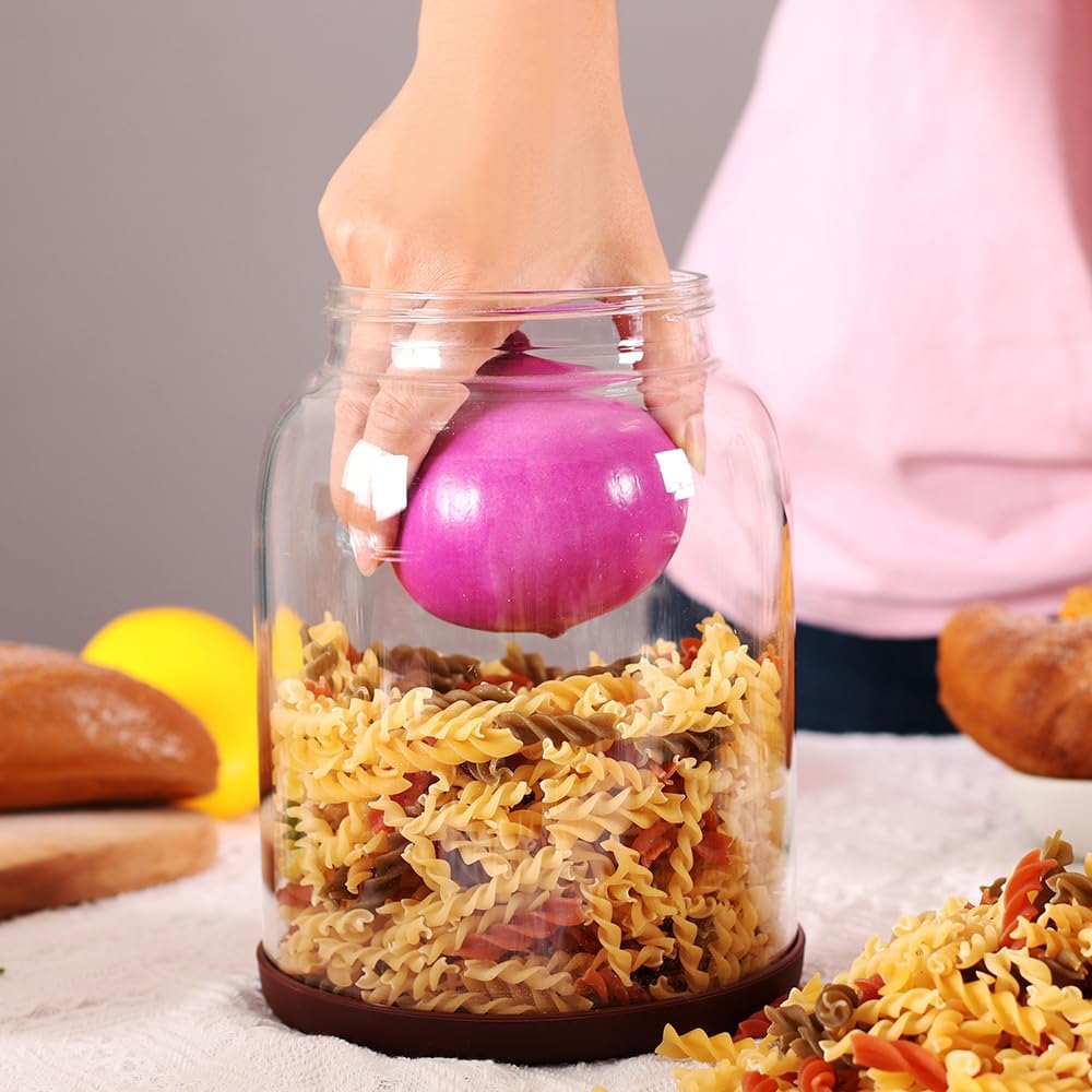 SAIOOL 2-Pack Striped Borosilicate Glass Airtight Canisters - Big mouth Large Capacity, Acacia Wood Lid, Food Storage Jars for Flour, Pasta, Pantry Organization (1/2 Gallon （Yellow Press lid 2 pack）)
