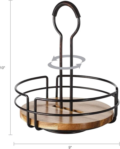 Gourmet Basics by Mikasa Nova Rotating Condiment Caddy, Handcrafted Iron and Acacia Wood Table Organizer with Spinning Platform and Carrying Handle, Contemporary Black Finish, 8.75 x 7 x 9.25 Inches