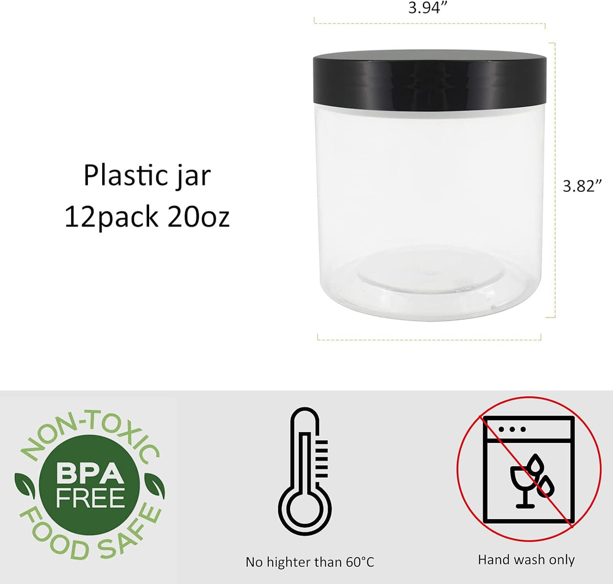 zmybcpack 16 oz Plastic Jars with Lids, Extra Labels, 1 Pen, Clear PET Seal Jar for Food Storage,Wide Opening Storage jar For Dry Food, Peanut, Powder, Kitchen & Craft Storage